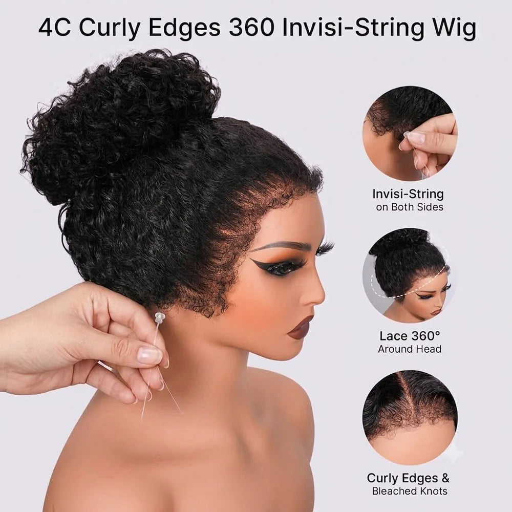 4C Kinky Edges Deep Wave Hidden Invisible Drawstring 360 HD Full Lace Glueless Frontal Wig Kinky Curly Lace Front Human Hair Wig