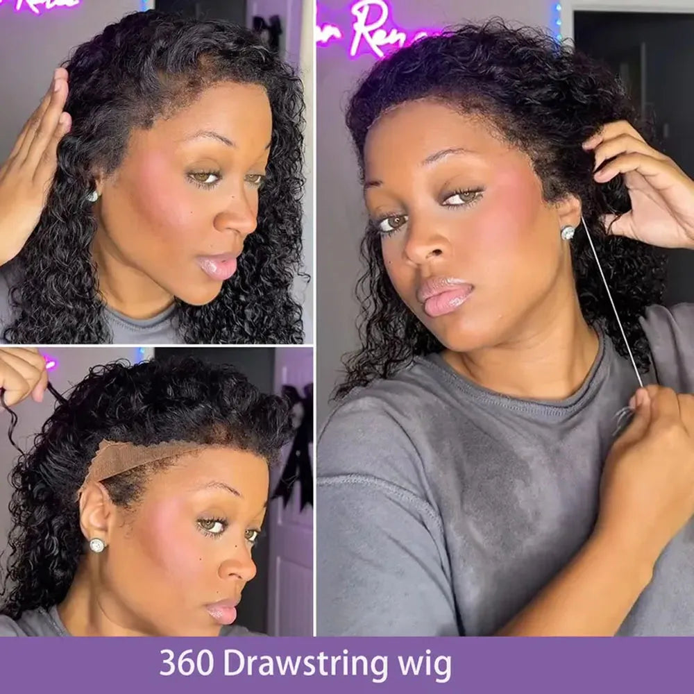 4C Kinky Edges Deep Wave Hidden Invisible Drawstring 360 HD Full Lace Glueless Frontal Wig Kinky Curly Lace Front Human Hair Wig