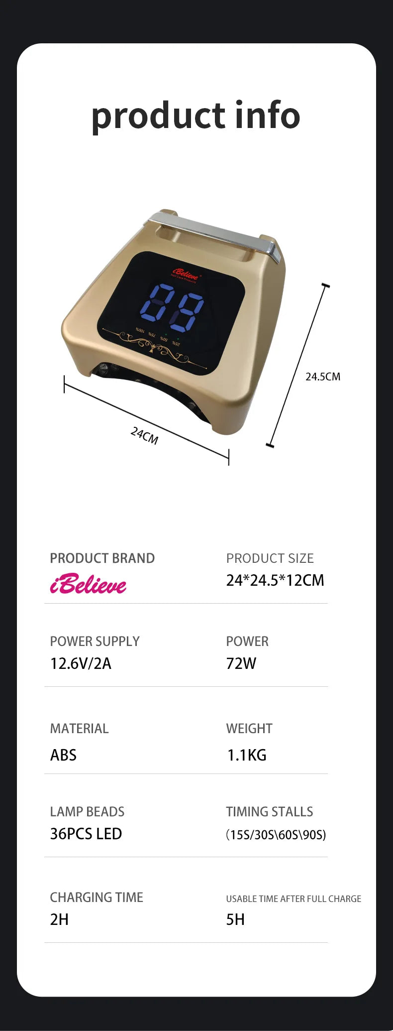 Professional 72W Rechargeable UV LED Nail Lamp with 36pcs LED Bulbs Multi-Timer Cordless Nail Dryer for Salon Manicure