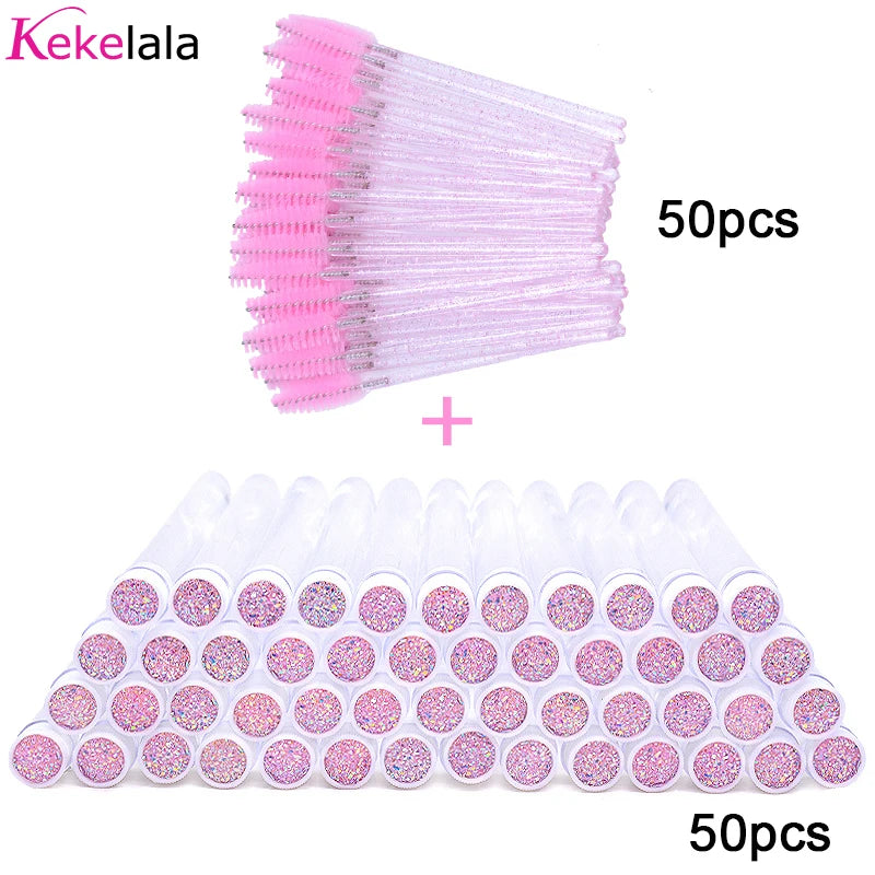 50sets Eyelash Mascara Wands With Tube Reusable Lash Spoolie Brush In Container Disposable Eyebrow Applicator Case