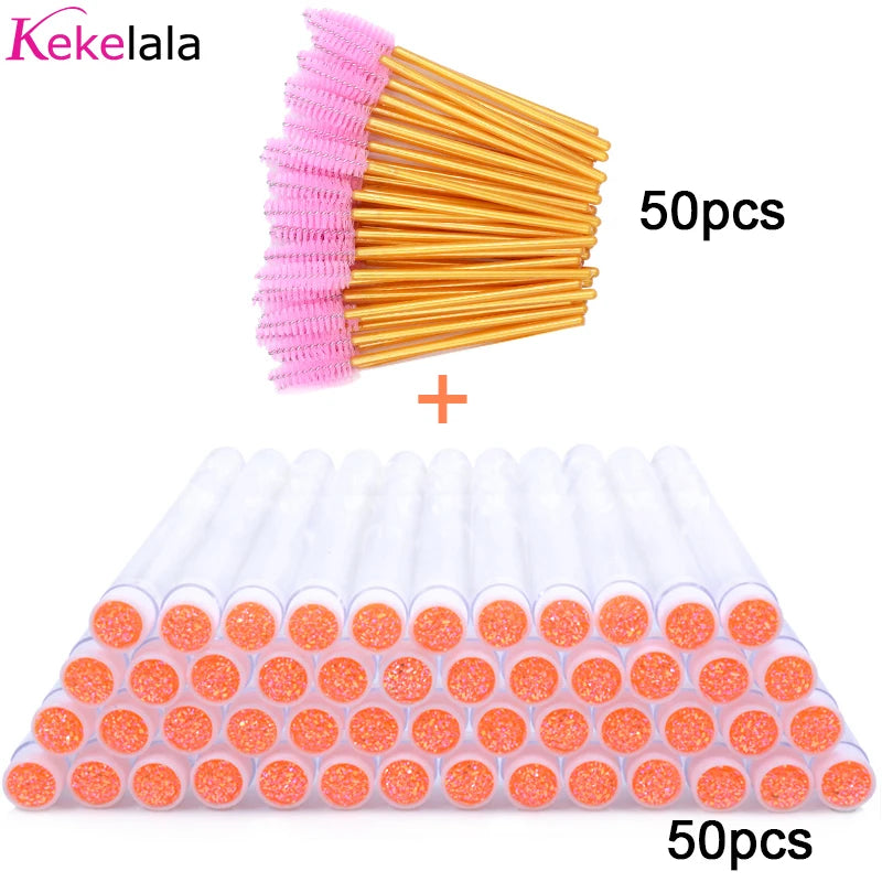 50sets Eyelash Mascara Wands With Tube Reusable Lash Spoolie Brush In Container Disposable Eyebrow Applicator Case