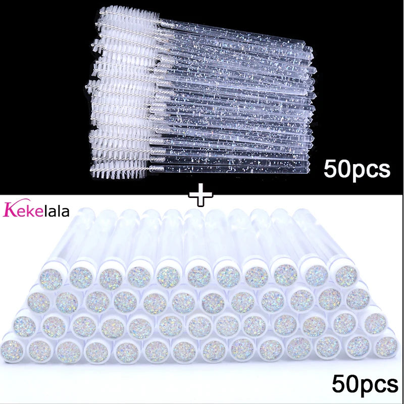 50sets Eyelash Mascara Wands With Tube Reusable Lash Spoolie Brush In Container Disposable Eyebrow Applicator Case