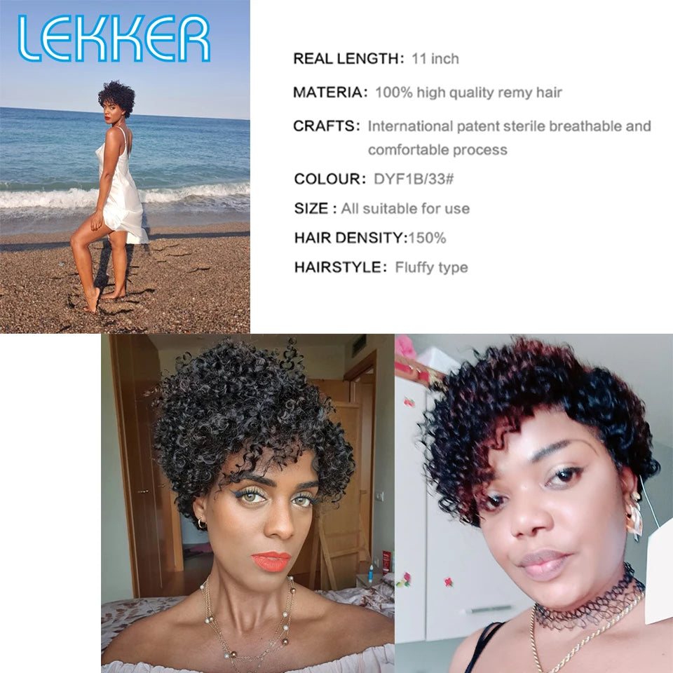 Lekker Short Pixie Cut Afro Kinky Curly Bob 100% Human Hair Wigs For Women Brazilian Remy Hair Full Machine Made Clearance Wigs