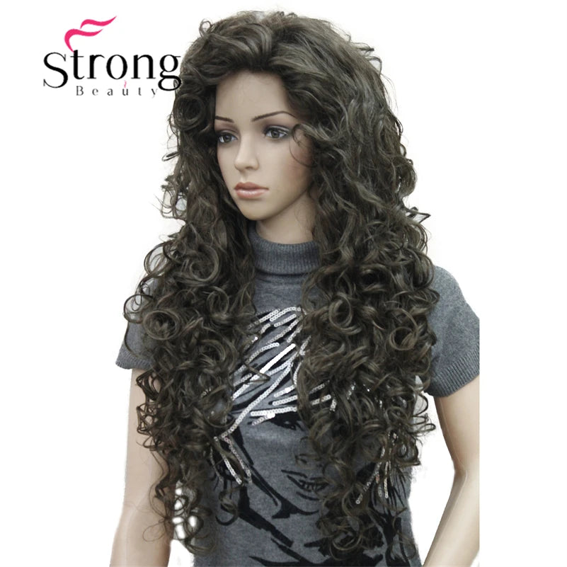 StrongBeauty Long Layers Thick Soft Bouncy Curls No Set Part Full Synthetic Wig Dark Brown Wigs for Women