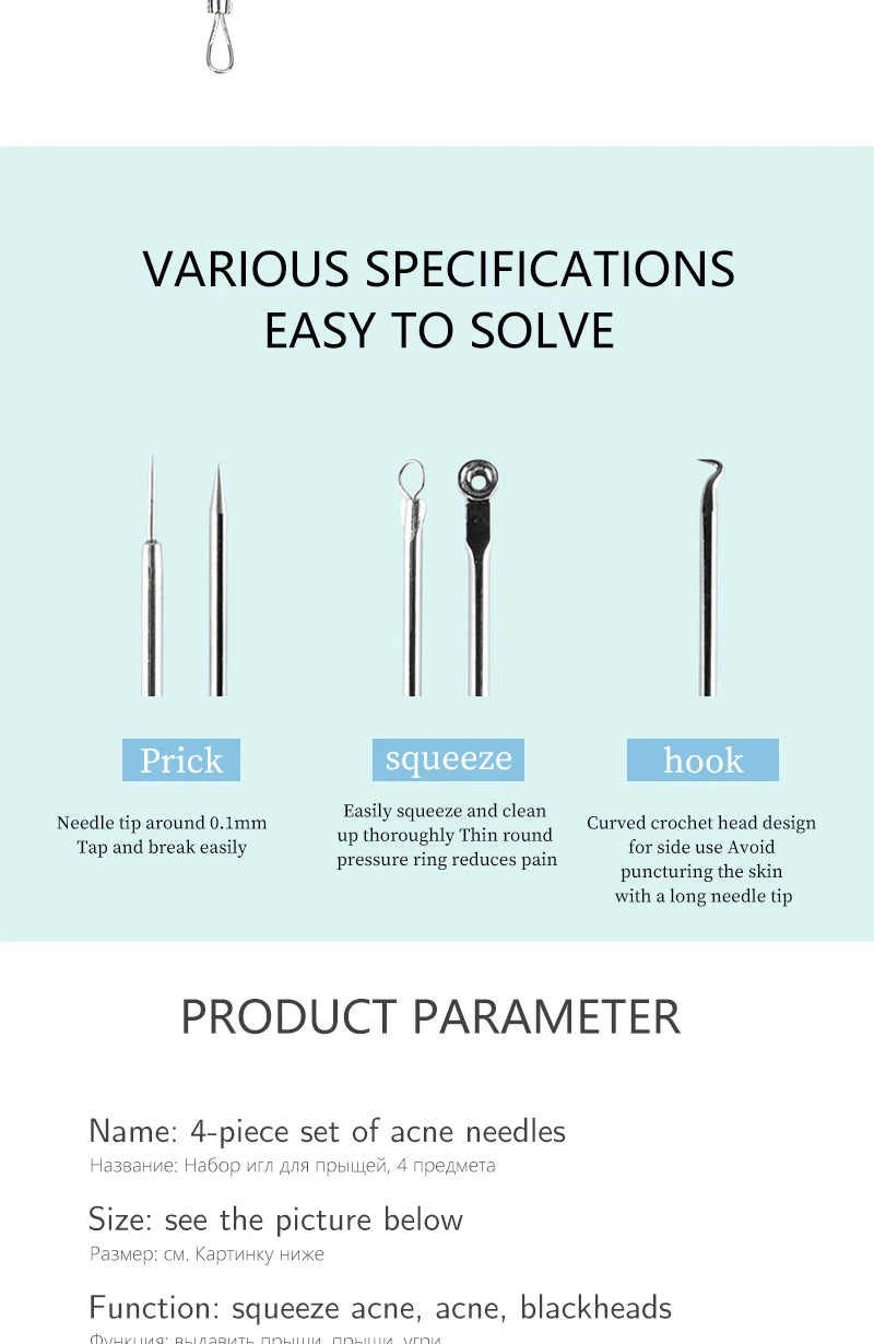 4 PCS Acne Blackhead Comedone Black Spot Pimple Blemish Remover Skin Care Women Beauty Acne Treatment Pore Cleanser Needle Hook