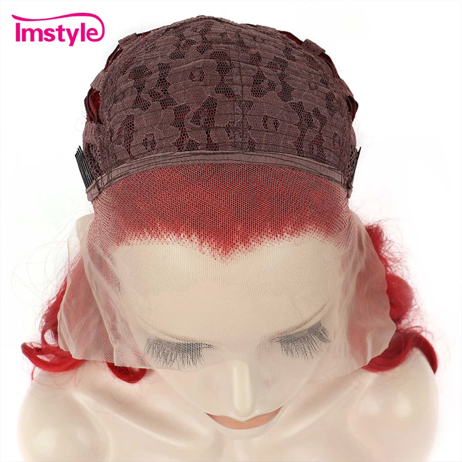 Imstyle Red Wig Long Synthetic Lace Front Wig Natural Wavy Cosplay Wigs For Women Heat Resistant Fiber White Brown Lace Wigs