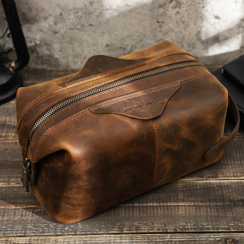 CONTACT'S Men Hanging Cosmetic Bag Crazy Horse Leather Travel Makeup Case Zipper Organizer Storage Pouch Vintage Toiletry Bags