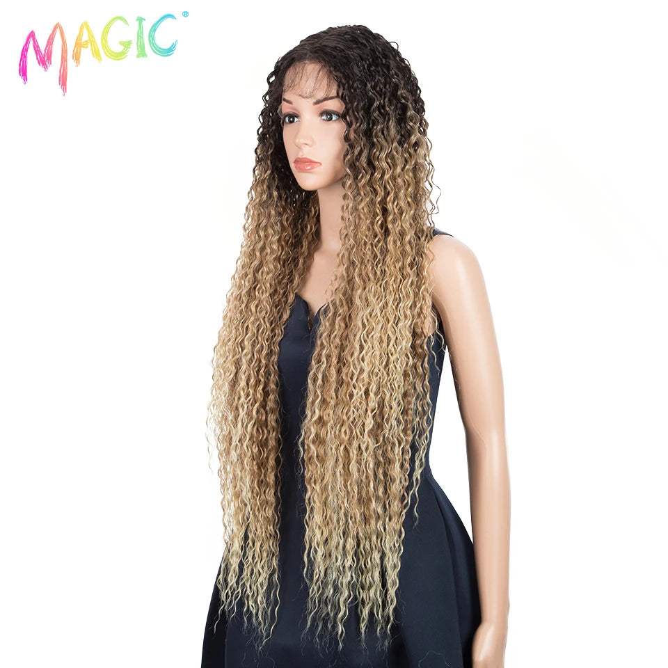 Magic Long Curly Ombre Black Blonde Platium Synthetic Lace Wigs for Black Women