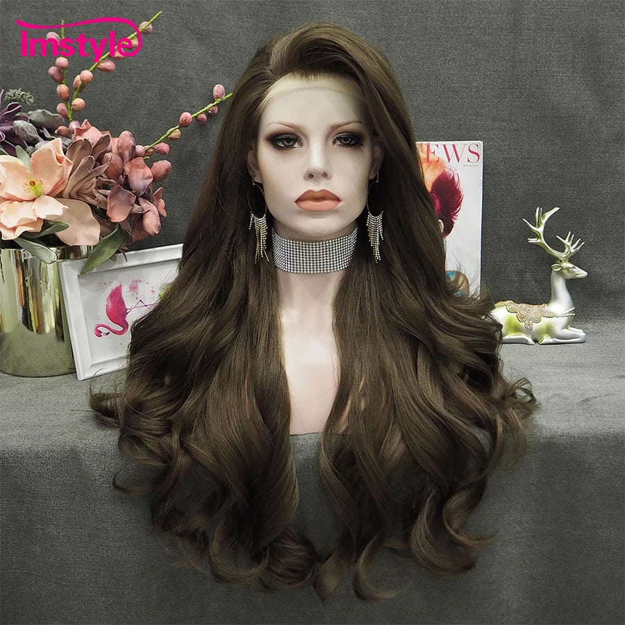 Imstyle Red Wig Long Synthetic Lace Front Wig Natural Wavy Cosplay Wigs For Women Heat Resistant Fiber White Brown Lace Wigs