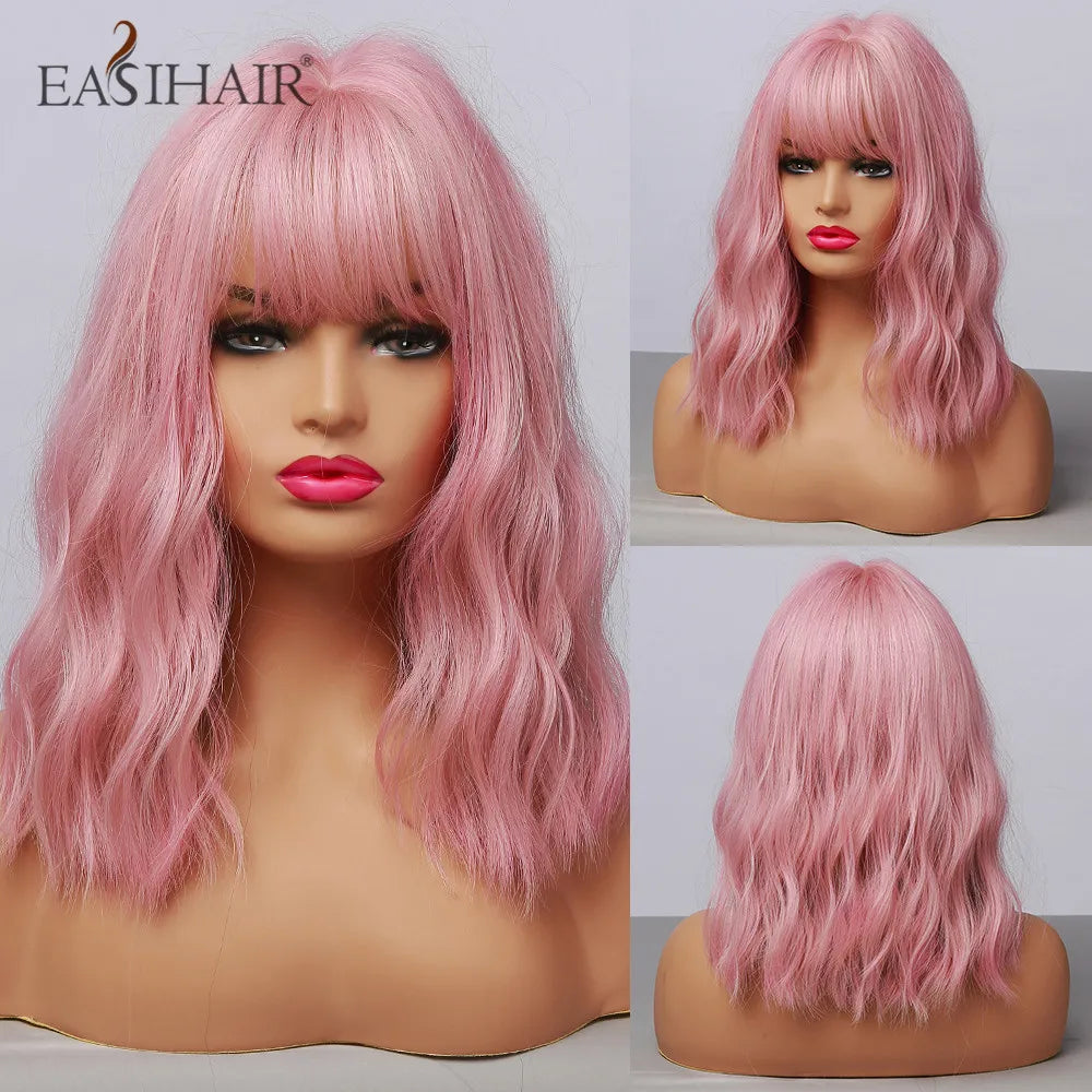 EASIHAIR Short White Bob Synthetic Wigs Short Wavy Lolita Natural Hair Wigs with Bangs for Women Heat Resistant Cosplay Wig
