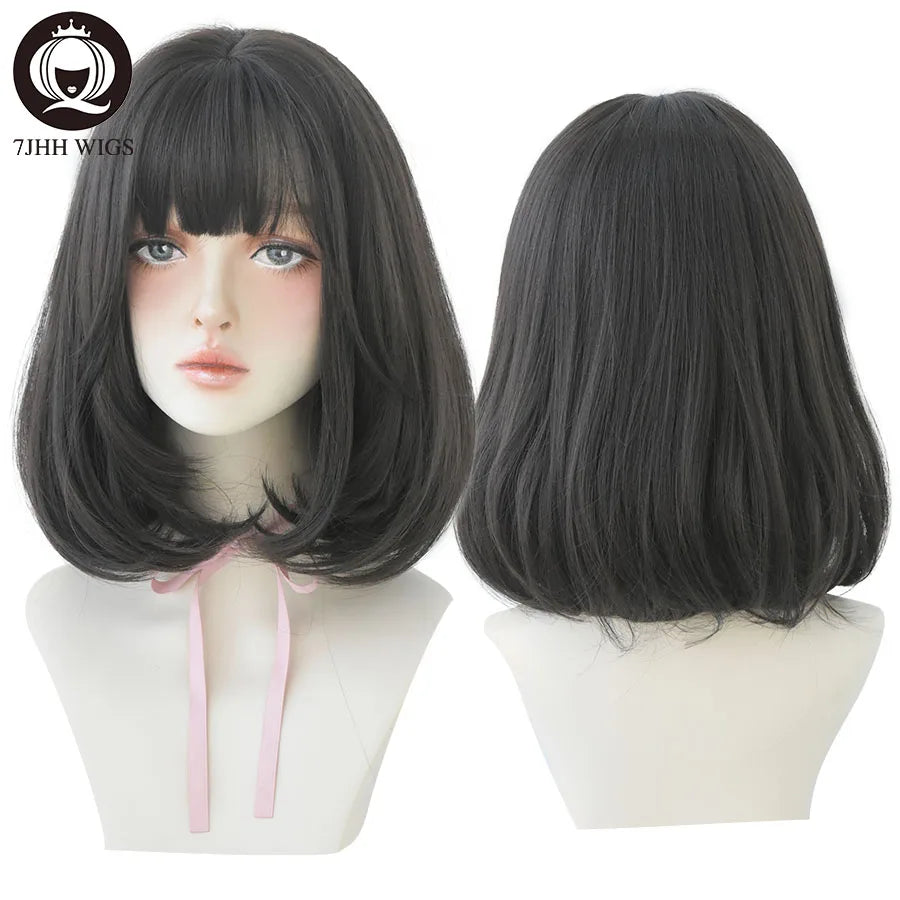 7JHH WIGS Natural Comfortable Synthetic Wig for Women Black Shoulder Straight Hair 14 Inch Fashion Hairstyle Wig