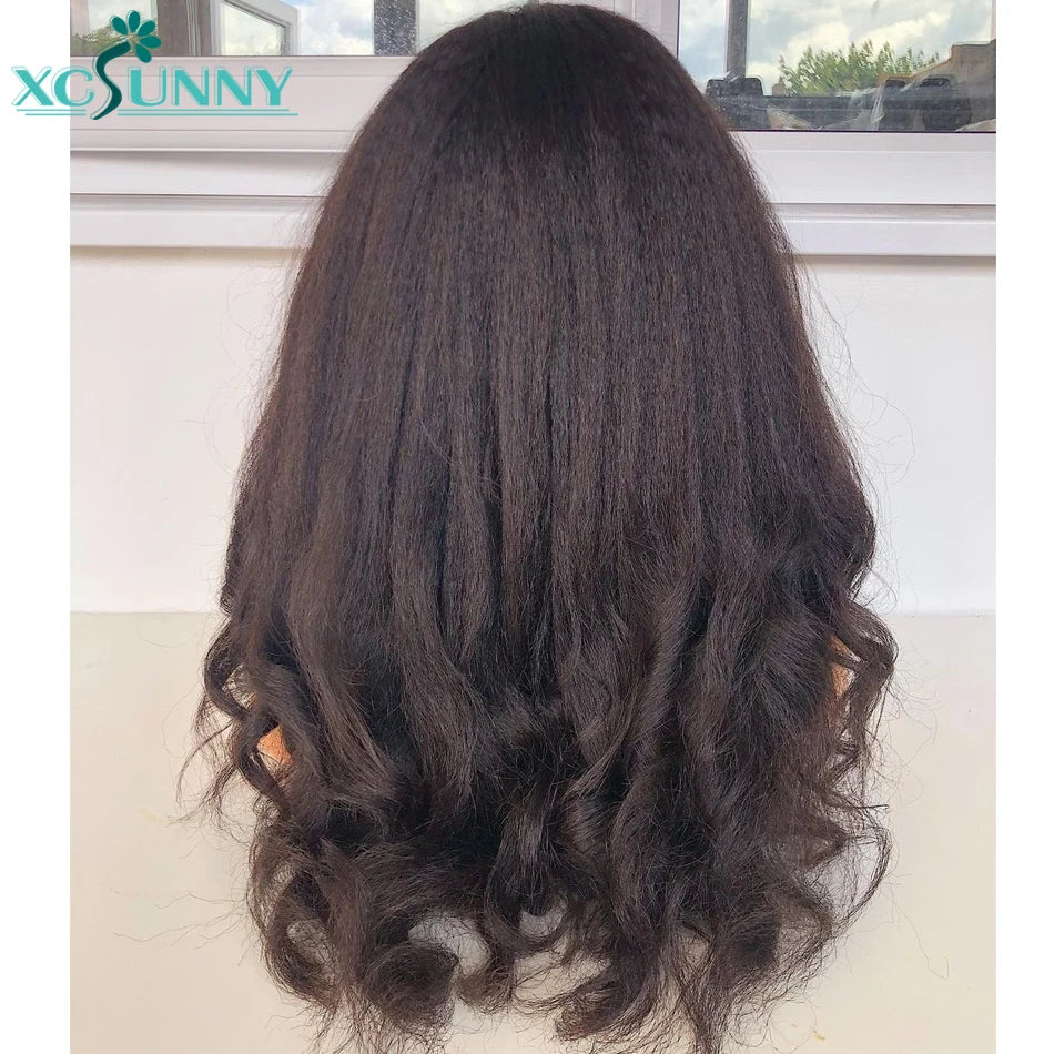 Yaki Human Hair Wig With Bangs Brazilian Machine Made Scalp Top Wig Long Wavy Bang Wig Human Hair For Women 180 Density