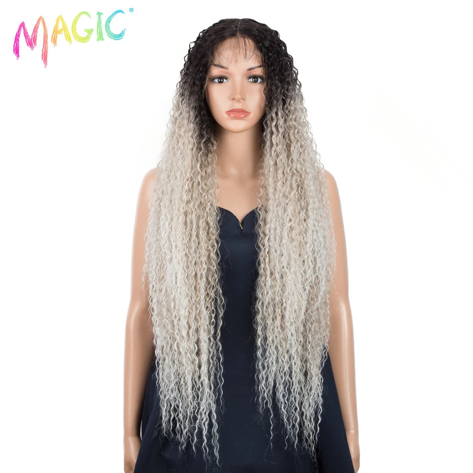Magic Long Curly Ombre Black Blonde Platium Synthetic Lace Wigs for Black Women