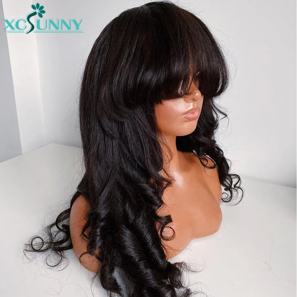 Yaki Human Hair Wig With Bangs Brazilian Machine Made Scalp Top Wig Long Wavy Bang Wig Human Hair For Women 180 Density