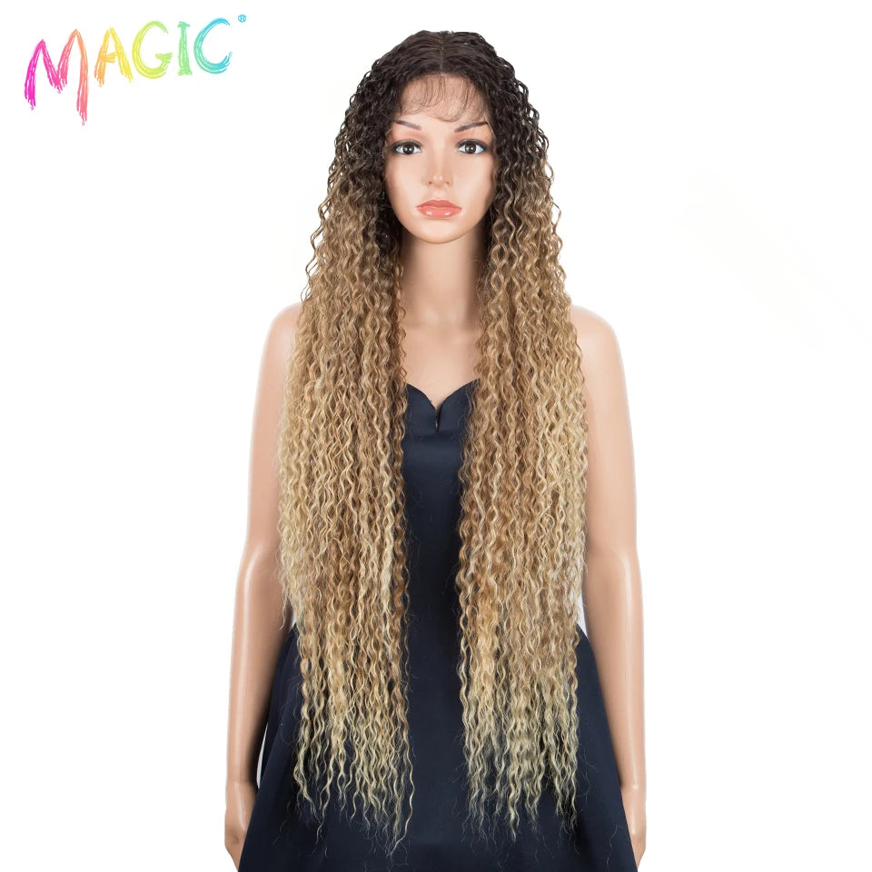 Magic Long Curly Ombre Black Blonde Platium Synthetic Lace Wigs for Black Women
