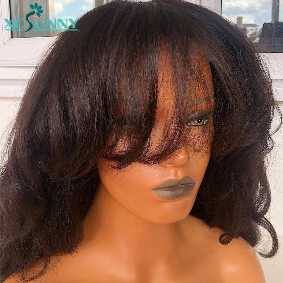Yaki Human Hair Wig With Bangs Brazilian Machine Made Scalp Top Wig Long Wavy Bang Wig Human Hair For Women 180 Density