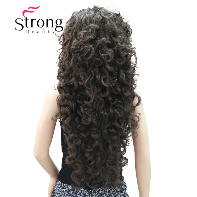 StrongBeauty Long Layers Thick Soft Bouncy Curls No Set Part Full Synthetic Wig Dark Brown Wigs for Women