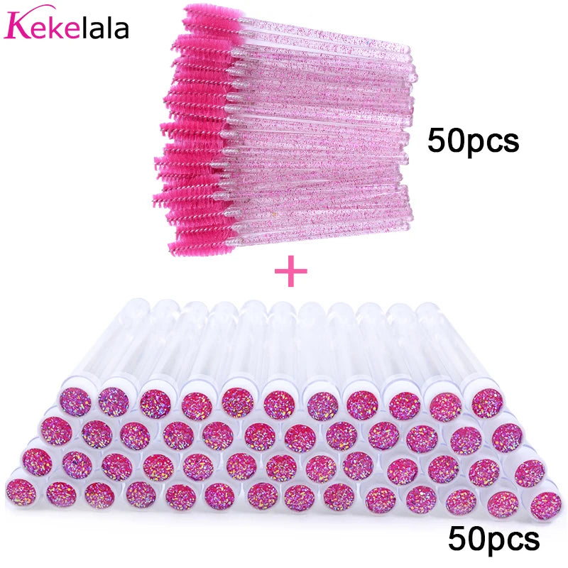 50sets Eyelash Mascara Wands With Tube Reusable Lash Spoolie Brush In Container Disposable Eyebrow Applicator Case