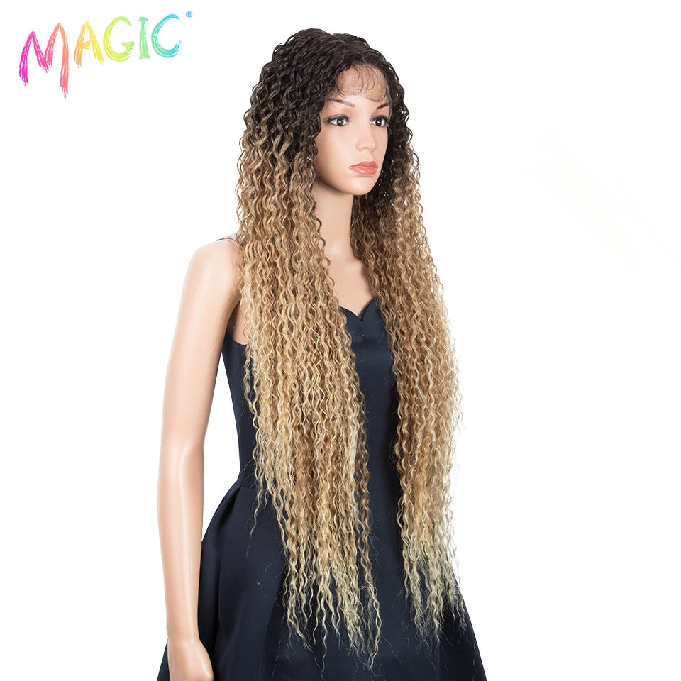 Magic Long Curly Ombre Black Blonde Platium Synthetic Lace Wigs for Black Women
