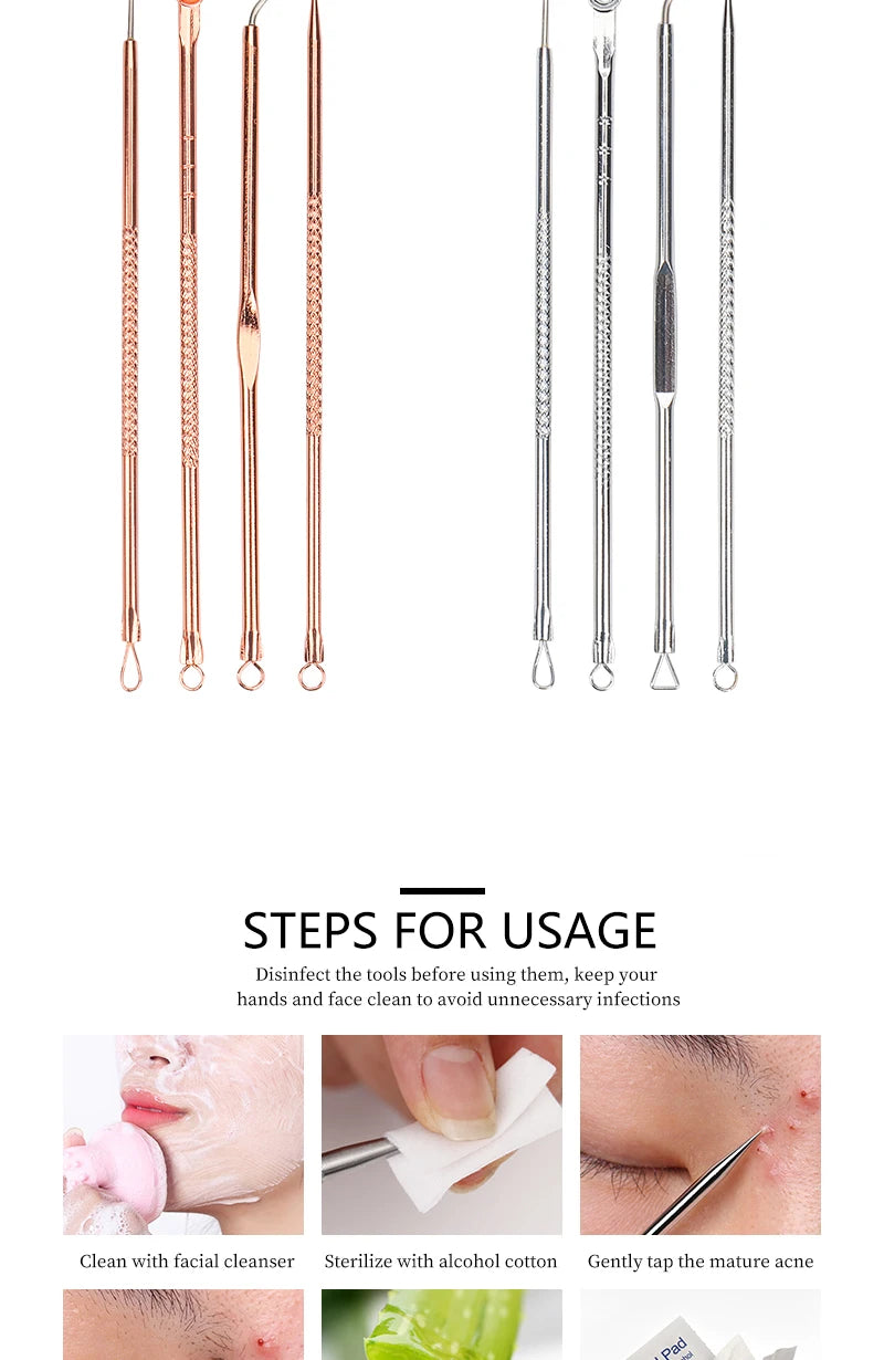 4 PCS Acne Blackhead Comedone Black Spot Pimple Blemish Remover Skin Care Women Beauty Acne Treatment Pore Cleanser Needle Hook