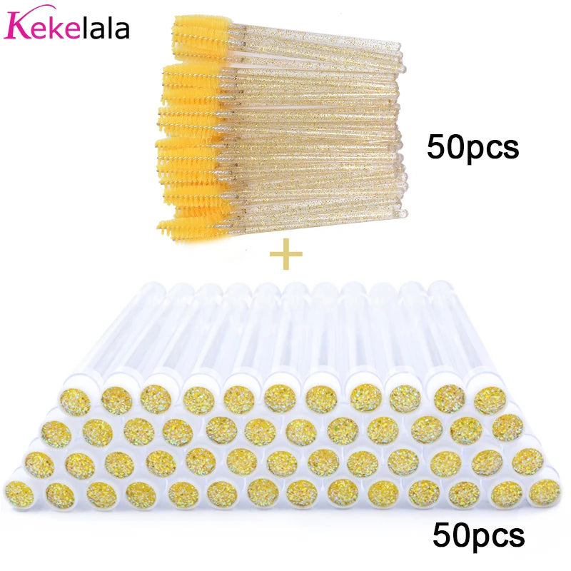 50sets Eyelash Mascara Wands With Tube Reusable Lash Spoolie Brush In Container Disposable Eyebrow Applicator Case