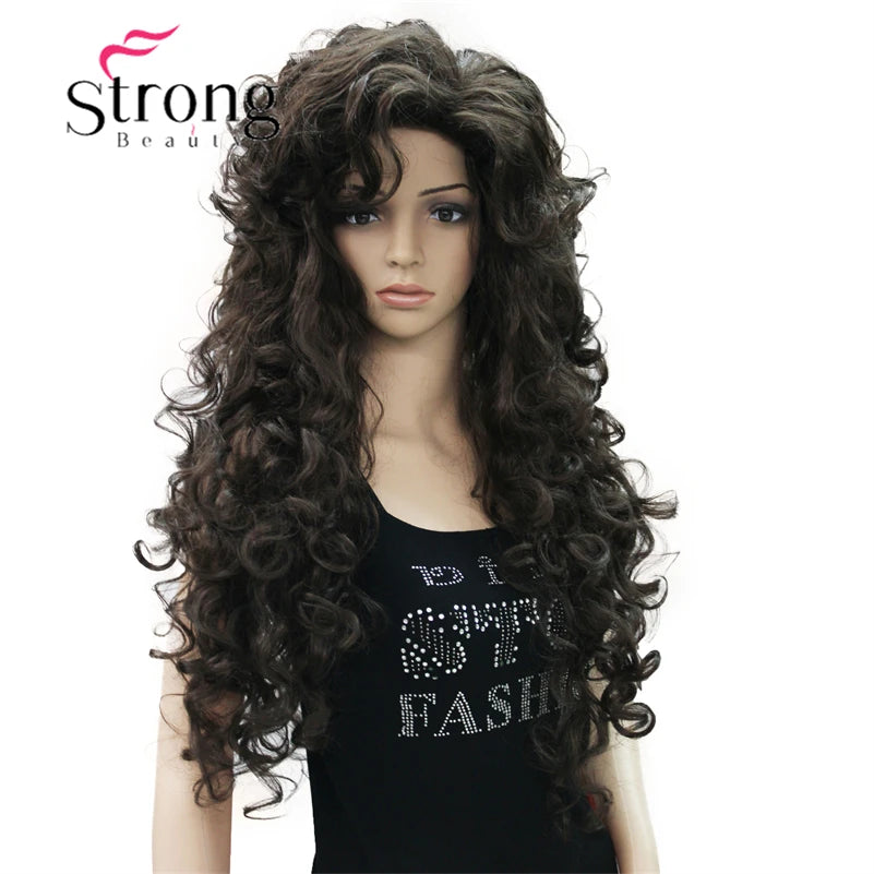 StrongBeauty Long Layers Thick Soft Bouncy Curls No Set Part Full Synthetic Wig Dark Brown Wigs for Women