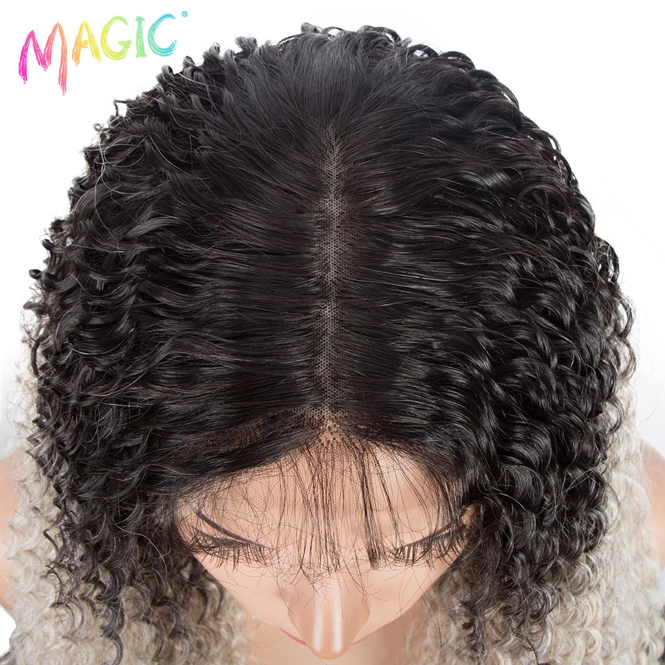 Magic Long Curly Ombre Black Blonde Platium Synthetic Lace Wigs for Black Women