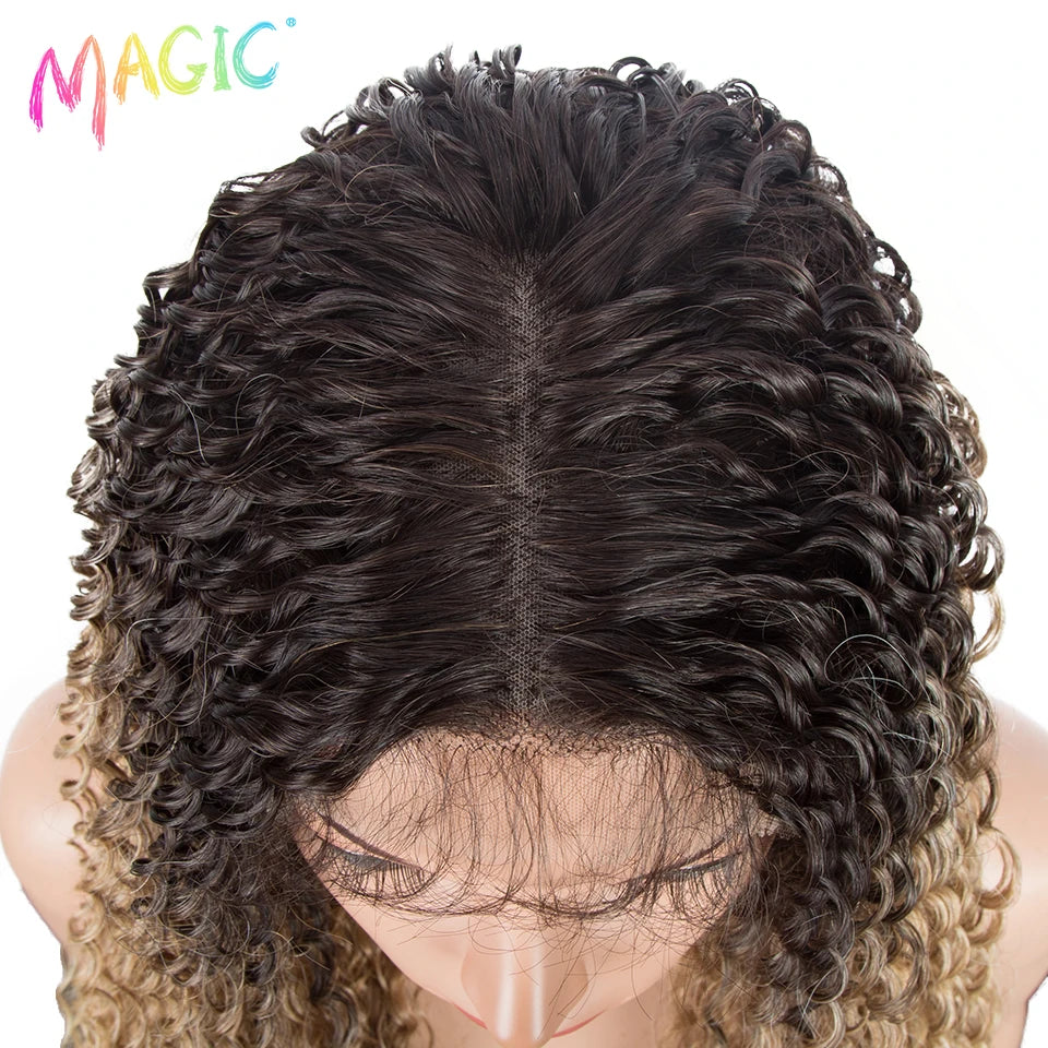 Magic Long Curly Ombre Black Blonde Platium Synthetic Lace Wigs for Black Women
