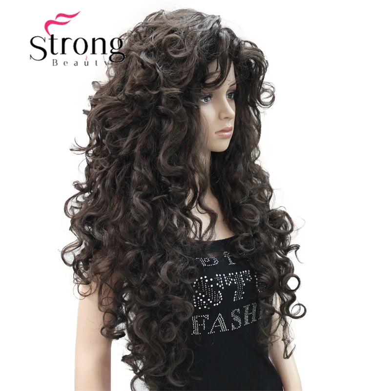 StrongBeauty Long Layers Thick Soft Bouncy Curls No Set Part Full Synthetic Wig Dark Brown Wigs for Women