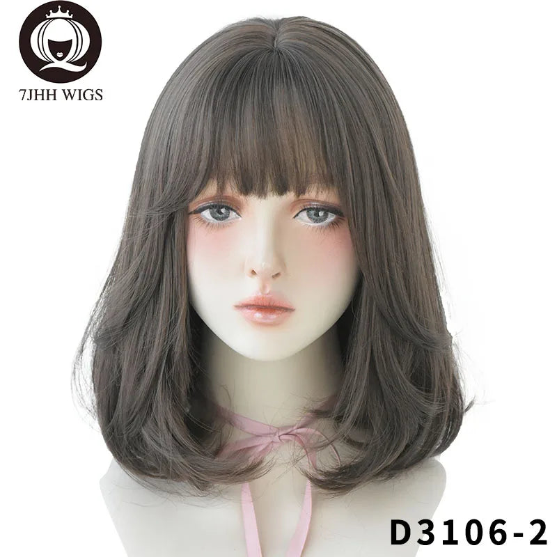 7JHH WIGS Natural Comfortable Synthetic Wig for Women Black Shoulder Straight Hair 14 Inch Fashion Hairstyle Wig