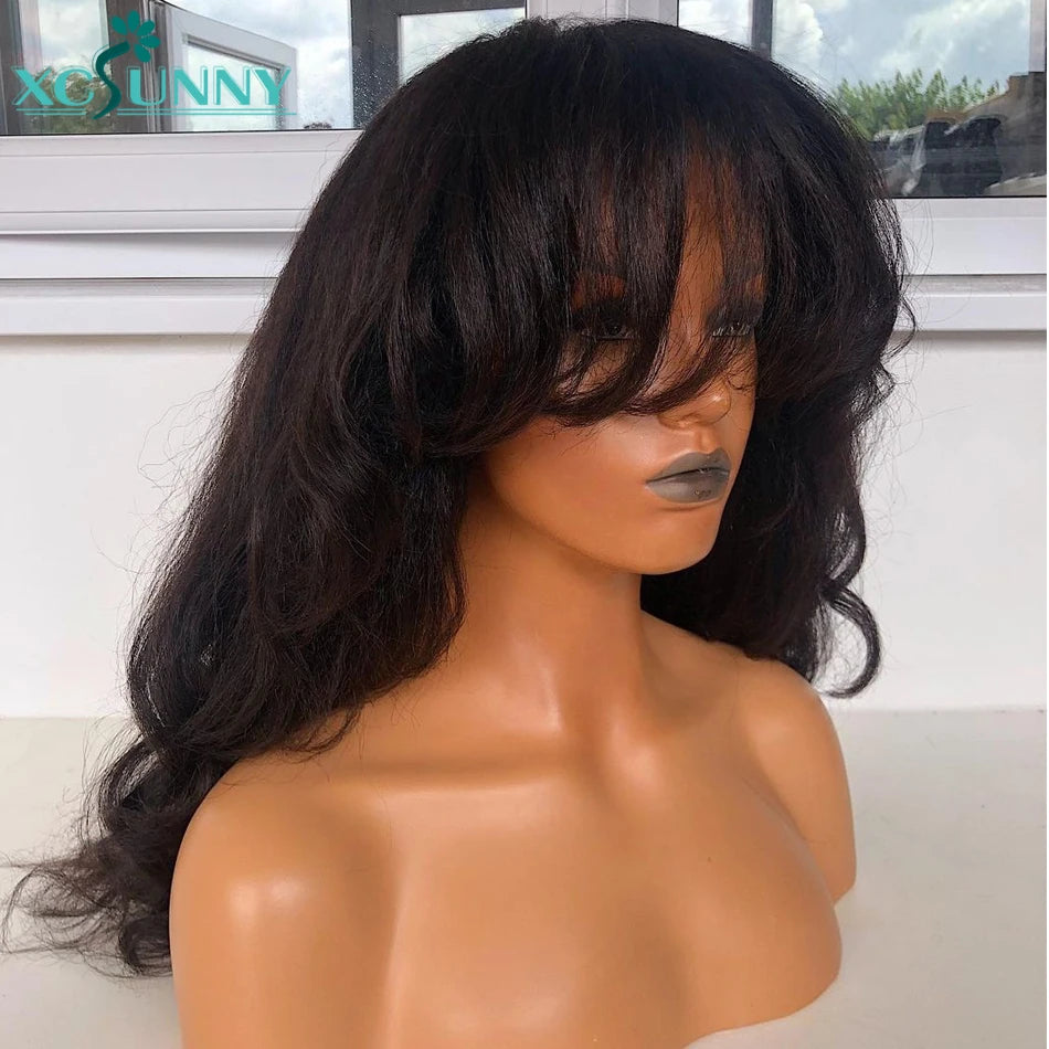 Yaki Human Hair Wig With Bangs Brazilian Machine Made Scalp Top Wig Long Wavy Bang Wig Human Hair For Women 180 Density