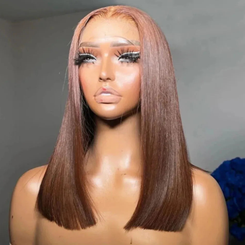 8-16 Brazilian Short Bob Wigs #4 Brown Straight 13x4 HD Transparent Lace Frontal Wigs Pre Bleached Glueless Short Bob Wigs Hair