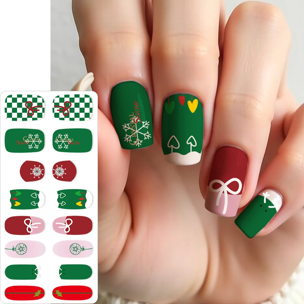 16Tips 3D Full Cover Christmas Series Nail Stickers Adhesive No Light Need Nail Art Wraps Strips Festival Manicure Polish Tips *