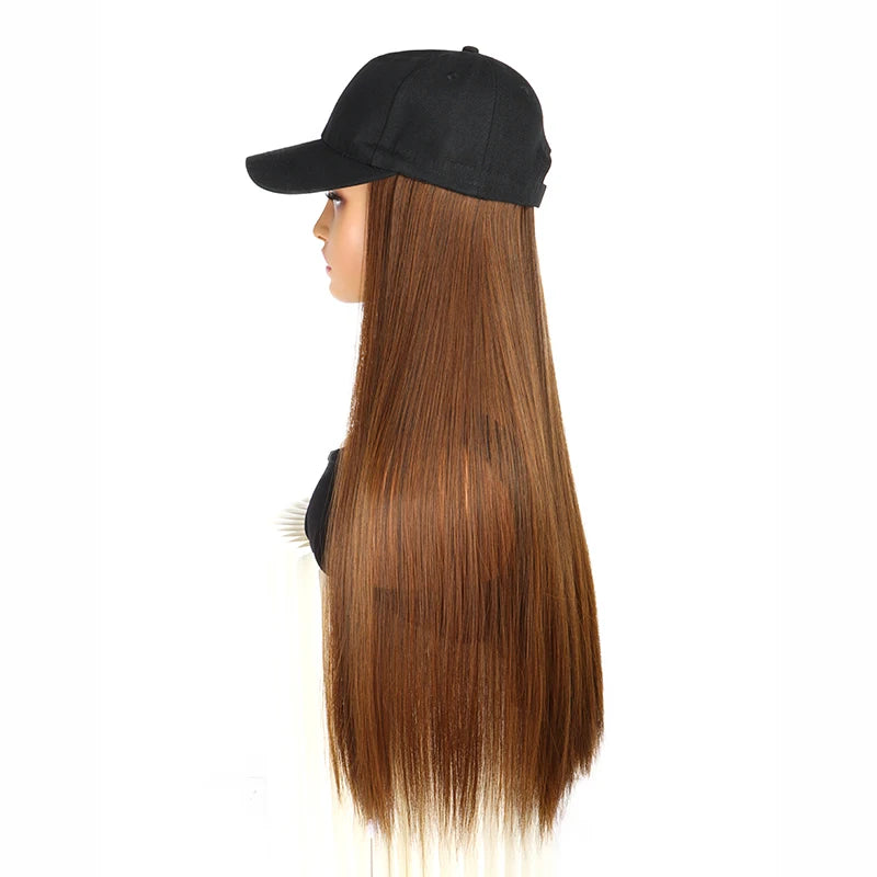 24Inch Synthetic Long Straight Baseball Hat Adjustable Wig Black Brown Hairpiece for Women