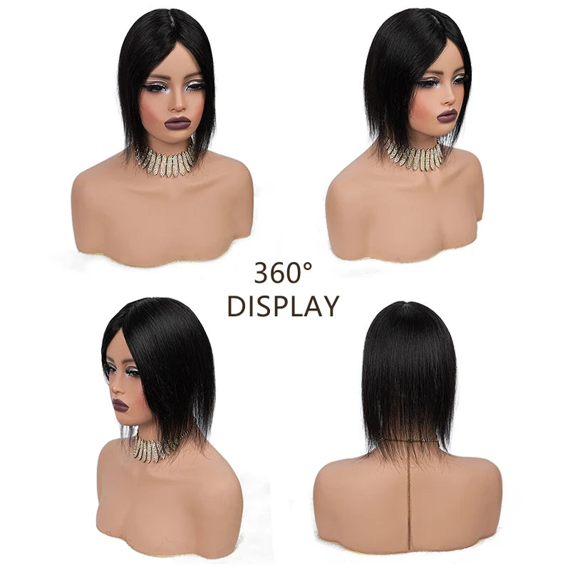10 Inch 100% Human Hair 13X12cm Hairnet Clip in Hair Topper Extension with Bangs Top Wig Piece for Women Daily Life