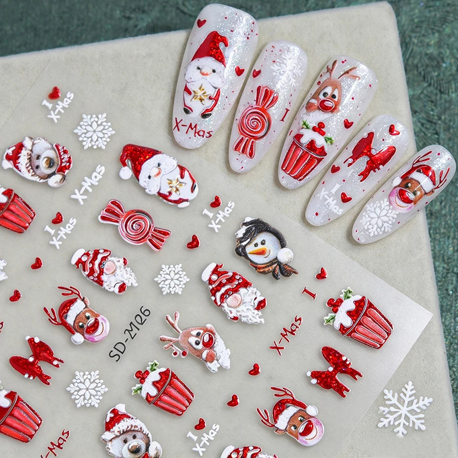 2 pcs Christmas Series Nail Stickers Cartoon Santa Claus Snowman Deer Bear Penguin Nail Decals Winter Xmas Holiday Nail Supplies