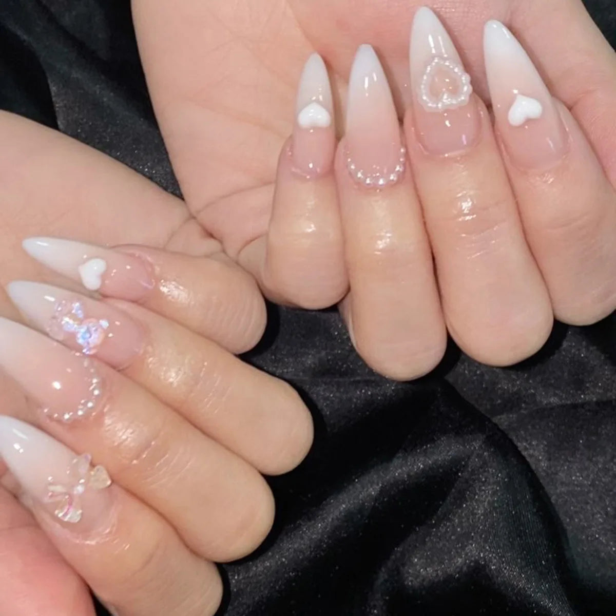 24 Pcs/Set Valentine's Day Long Almond Fake Nails Shape Novelty Pearl Bow Love Press on Nails Art Full Cover Stick-on Nails Tips