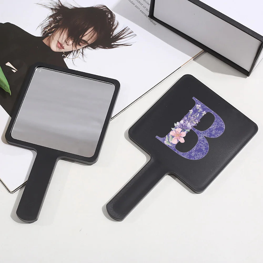 Fashion Universal Square Handheld Makeup Mirror With Handle Portable Vanity Mirror Initial Name Purple Flower 26 Letters Pattern
