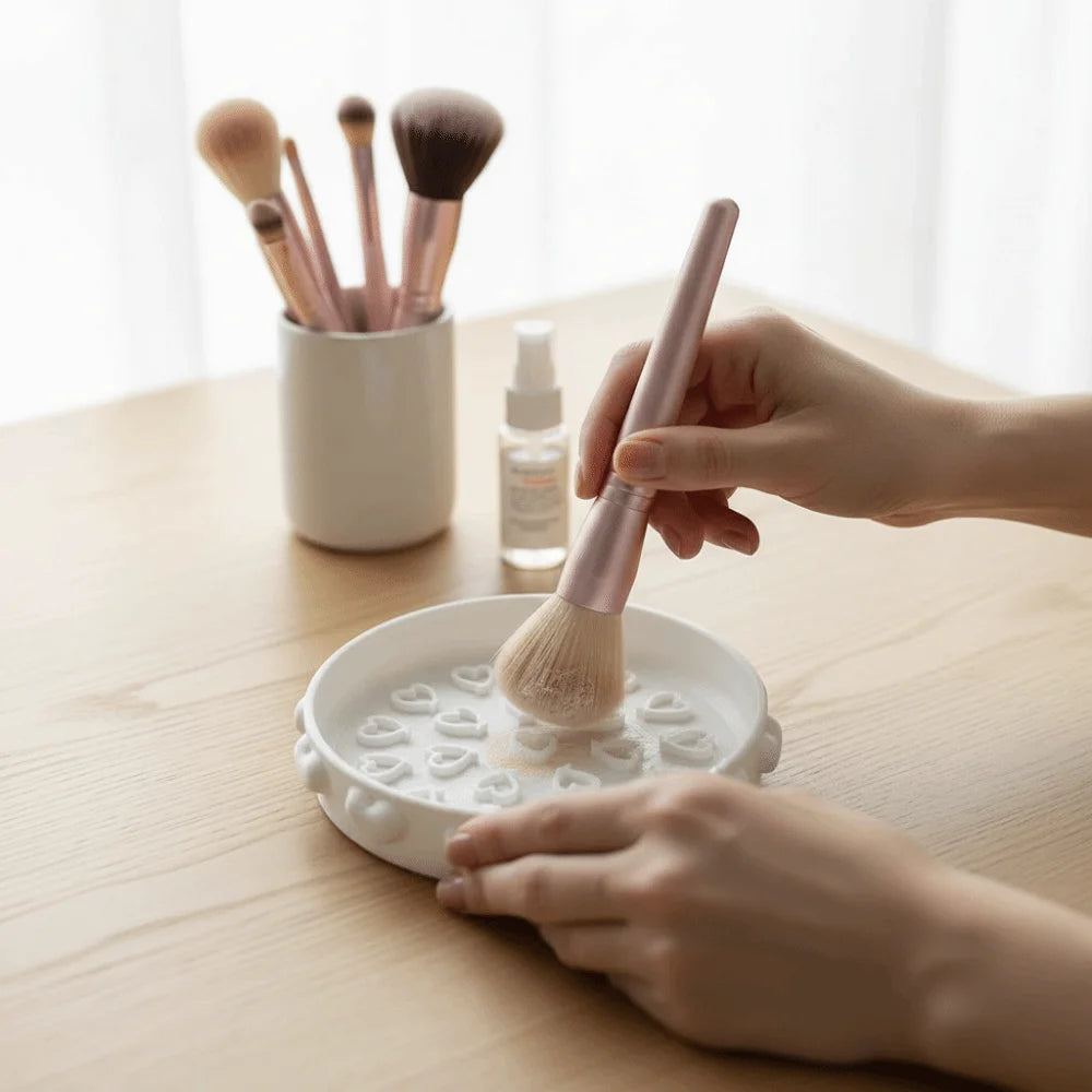 Cute Brush Cleaning Tray Portable with Textured Base Makeup Brush Cleaner Bowl Scrubbing Pad Cleaning Mat Brush Cleaning Tool