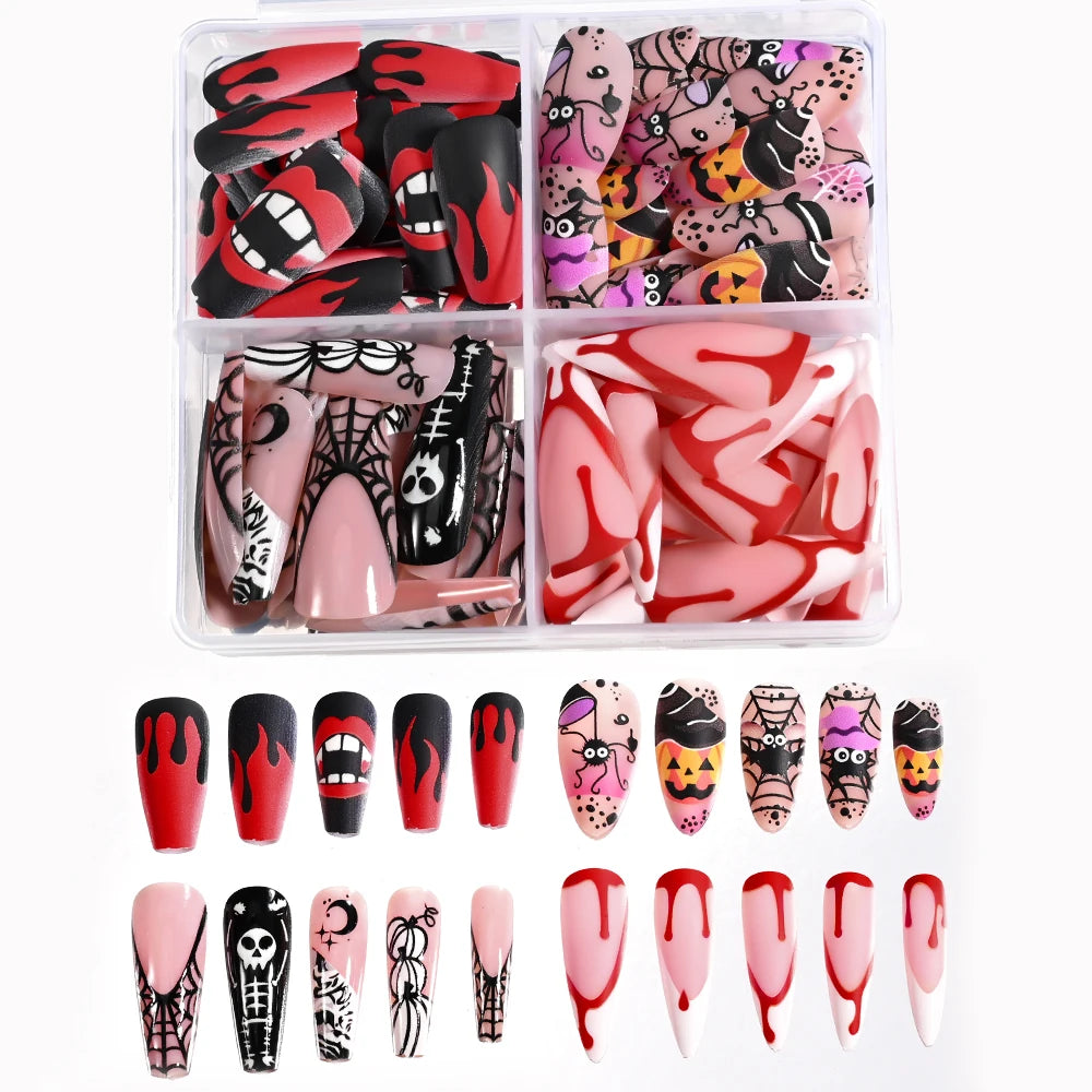 96Pcs Y2k Halloween Punk Black French Fake Nails 3D Metal Alloy (Cross Butterfly Skull Spider) Horror Press On Nail Gothic Nails