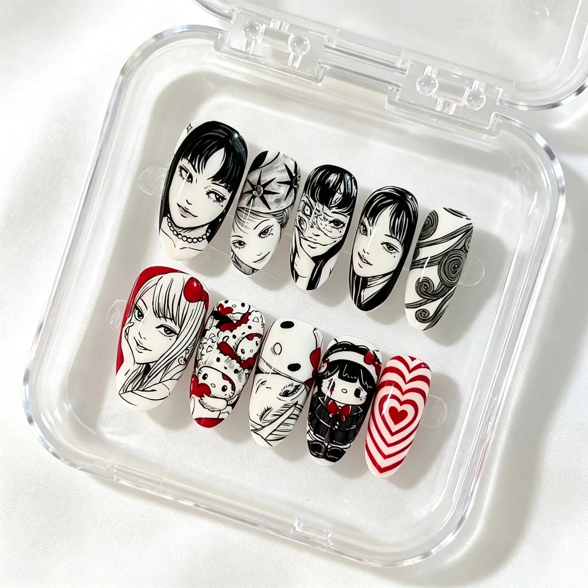 30pcs Gothic Horror Press On Nails Medium Oval Fake Nail Black‑White Portrait Red Heart Spider Halloween False Nail for Women