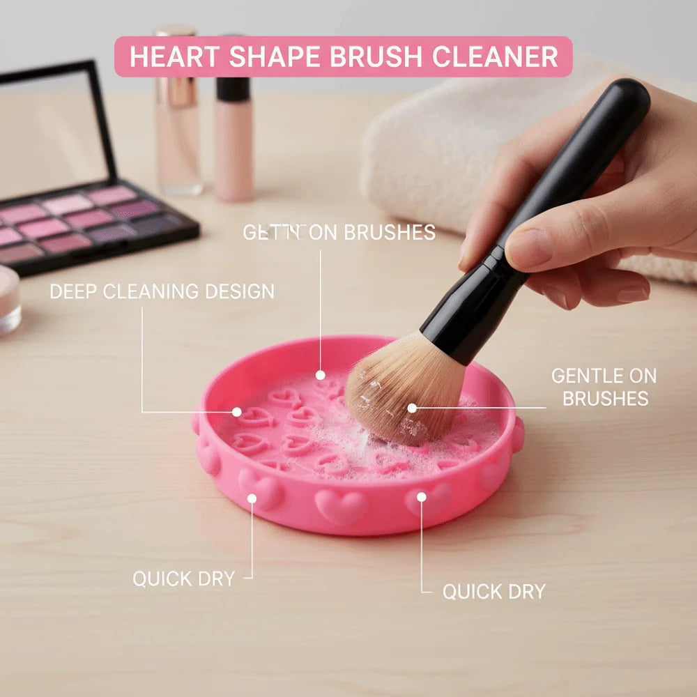 Cute Brush Cleaning Tray Heart Pattern Portable Makeup Brush Cleaner Bowl Cleaning Mat with Textured Base Brush Cleaning Tool