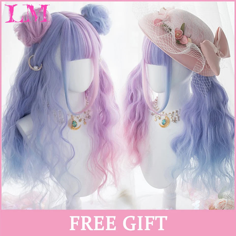 LM Light Blonde Wave Hair Wig Synthetic Long Wavy Wigs with Bangs for Women Cosplay Natural High Temperature Fiber