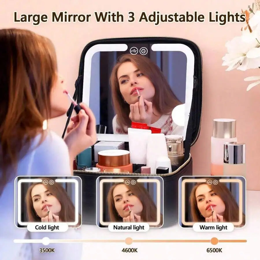 Travel Makeup Bag with LED Lighted Mirror, Large Capacity Rechargeable Cosmetic Organizer Case, Portable Makeup Train Case with 3-Color Dimmable Lighting for Women, Black