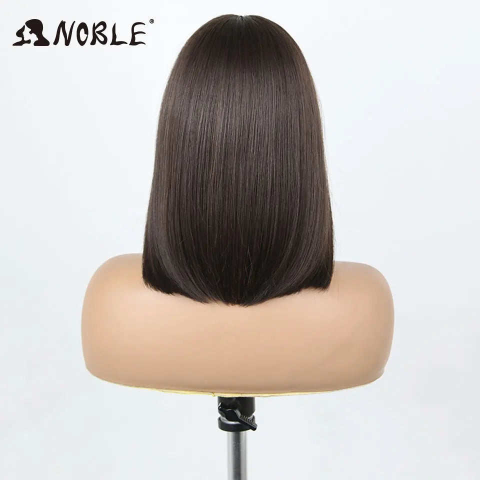 Noble Synthetic Lace Front Wigs For Women 12 Inch Pre Plucked Pre-Cut Ombre Brown Blonde Straight Layered Bob Wig Cosplay Wig