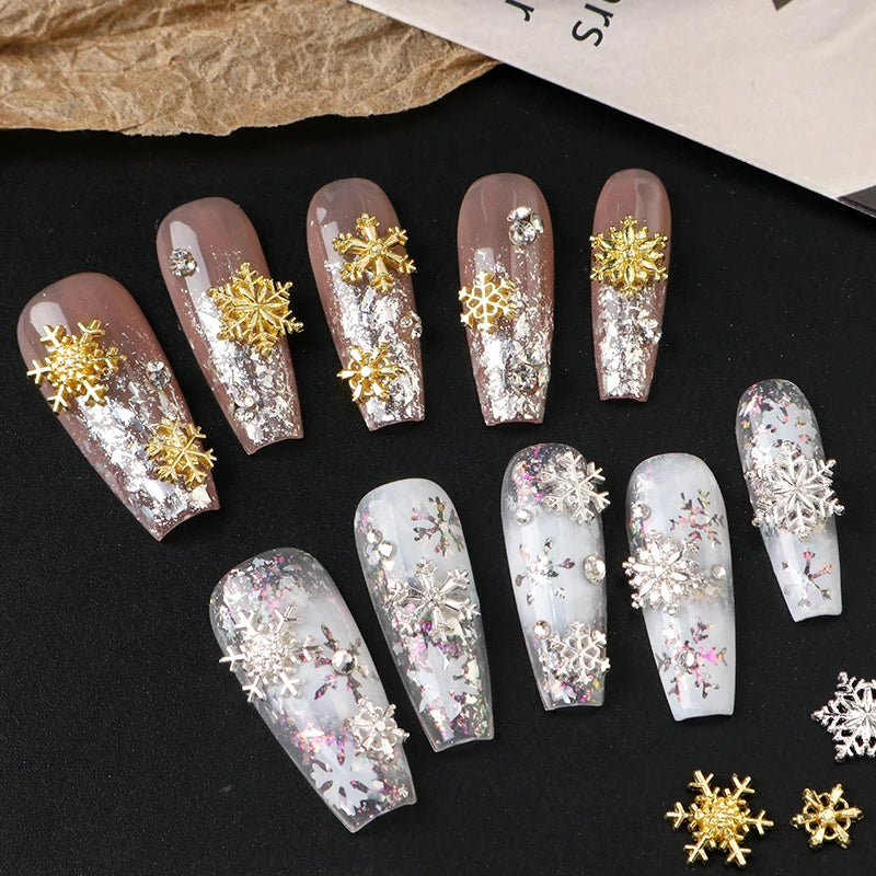 12 Grids 3D Metallic Snowflake Christmas Nail Decorations Gold Silver Snowflake Alloy Nail Charms Y2K Glitter Winter Nail Rivets
