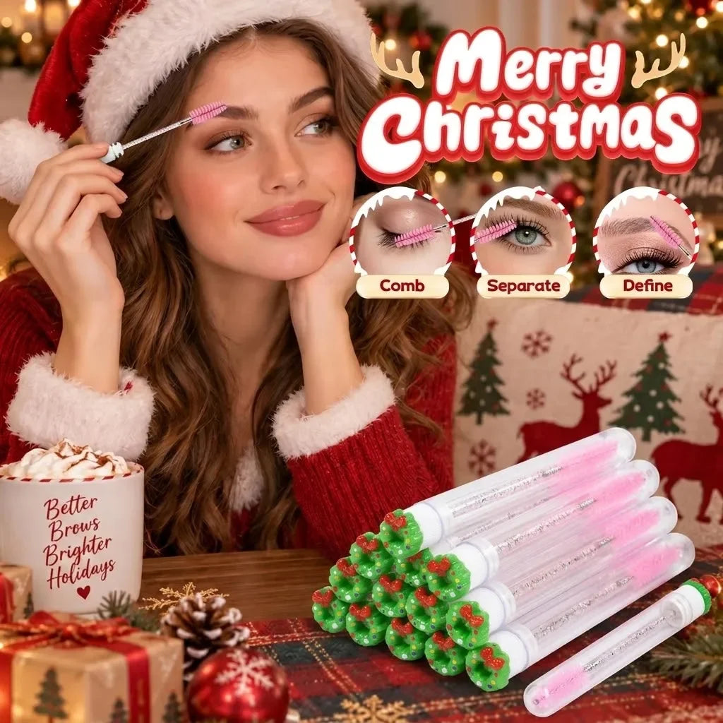 10pcs Christmas Mascara Eyelash Brush in Tube with Snowflake Cap, Dust-Proof Reusable Mascara Wand Lash Applicator Makeup Tool
