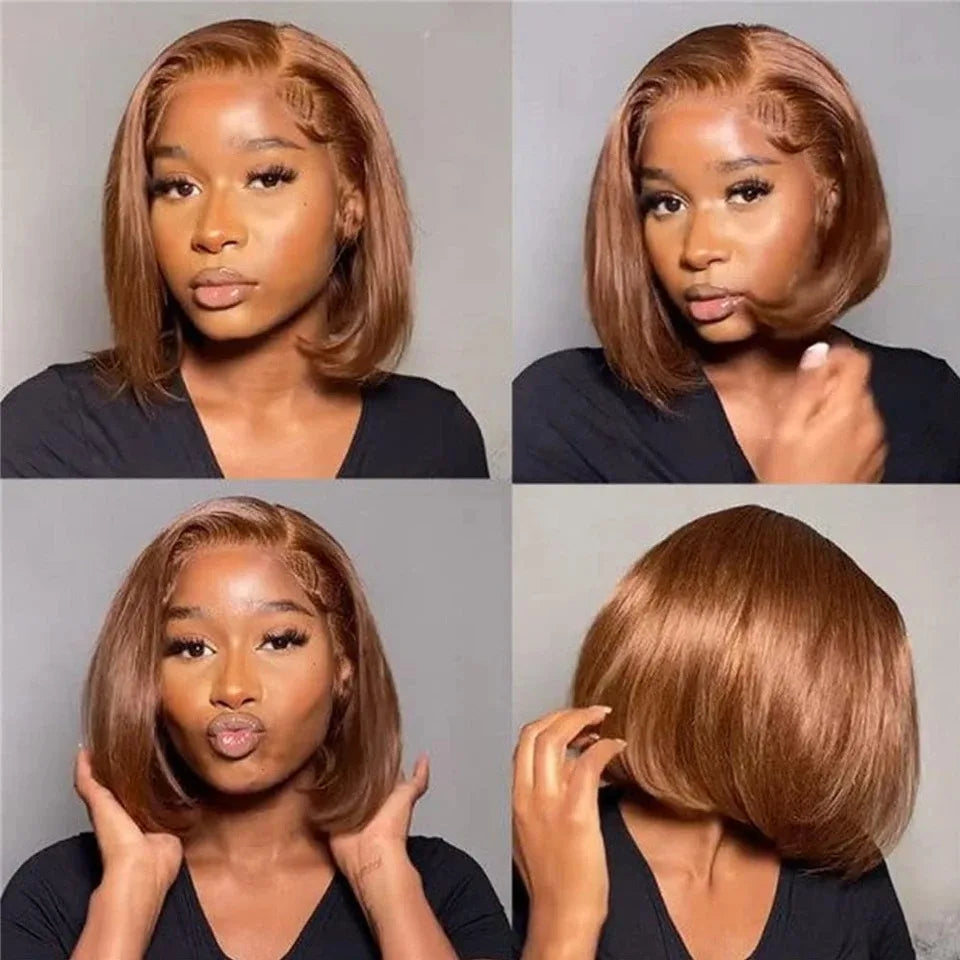 13X4 Chocolate Brown Straight Bob Wig 4X4 Silky Straight HD Lace Frontal Wig Natural Hairline Pre Plucked Human Hair 100% 16Inch