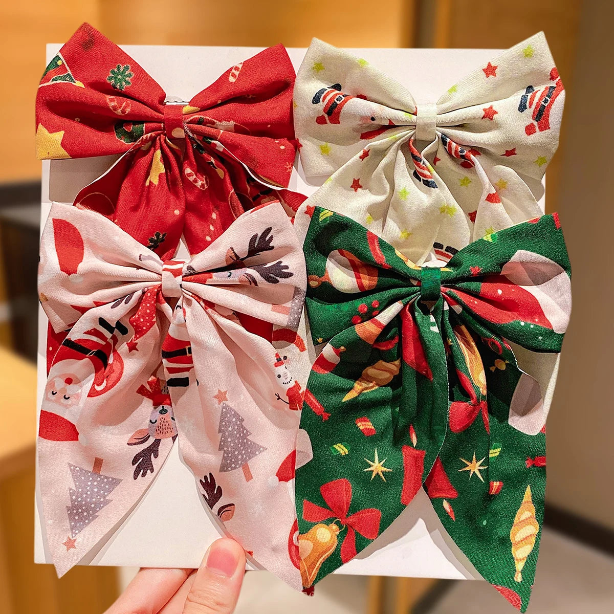 4/8Pcs Christmas Bow Hair Clips, Santa Elk Printed Ribbon Barrettes, Festive Side Clips for Half-up Hairstyle, Christmas Party &