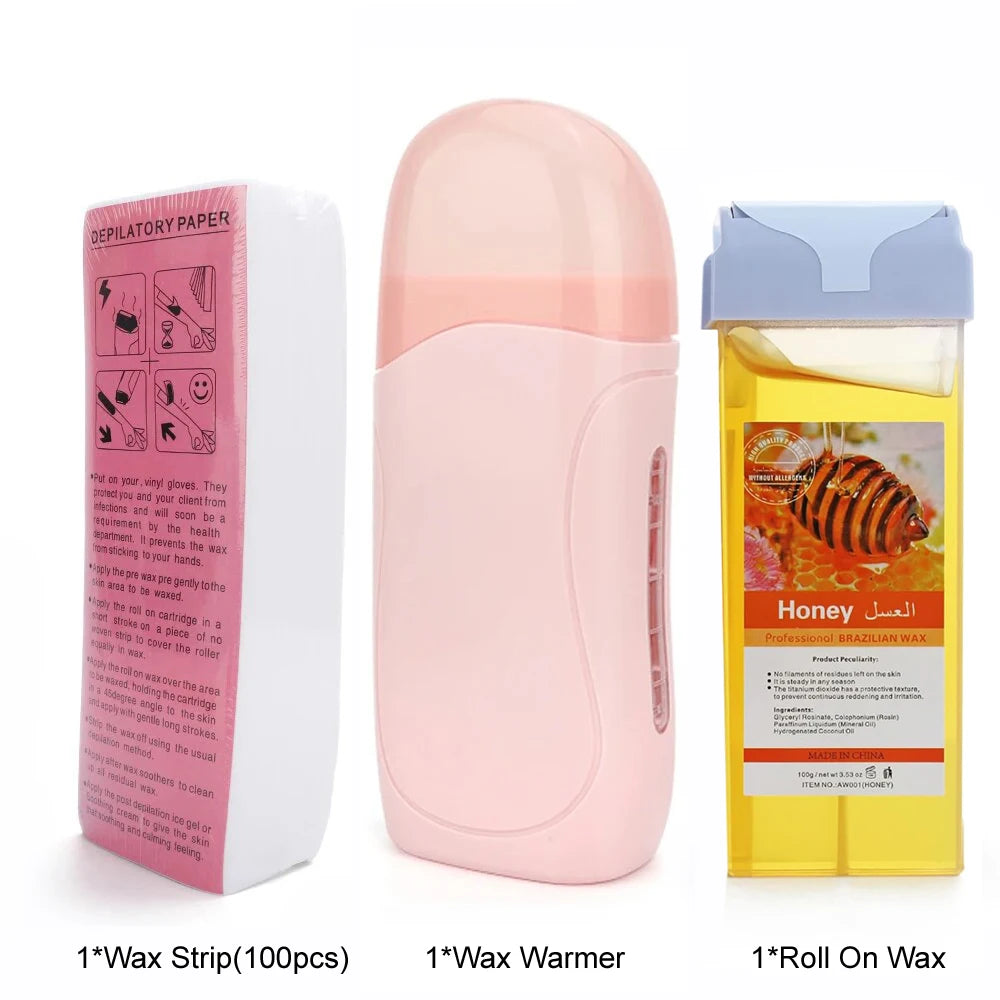 Roll On Waxing Kit With Wax Cartridges and Wax Strips 3 in 1 Soft Wax Heater Kit Hair Removal Wax Paper Waxing Kits Warmer